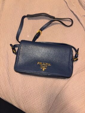 Prada Navy Blue Leather Crossbody Bag with Gold Hardware